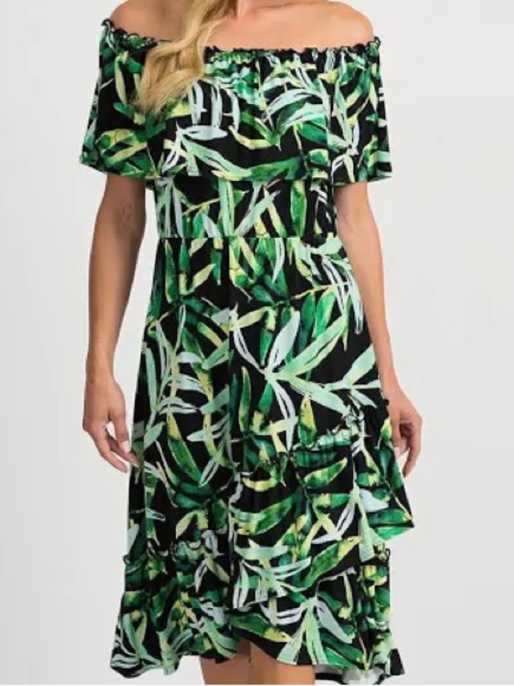 Joseph Ribkoff Black Off-Shoulder Tropical Leaf Print Dress in Green Size Large
